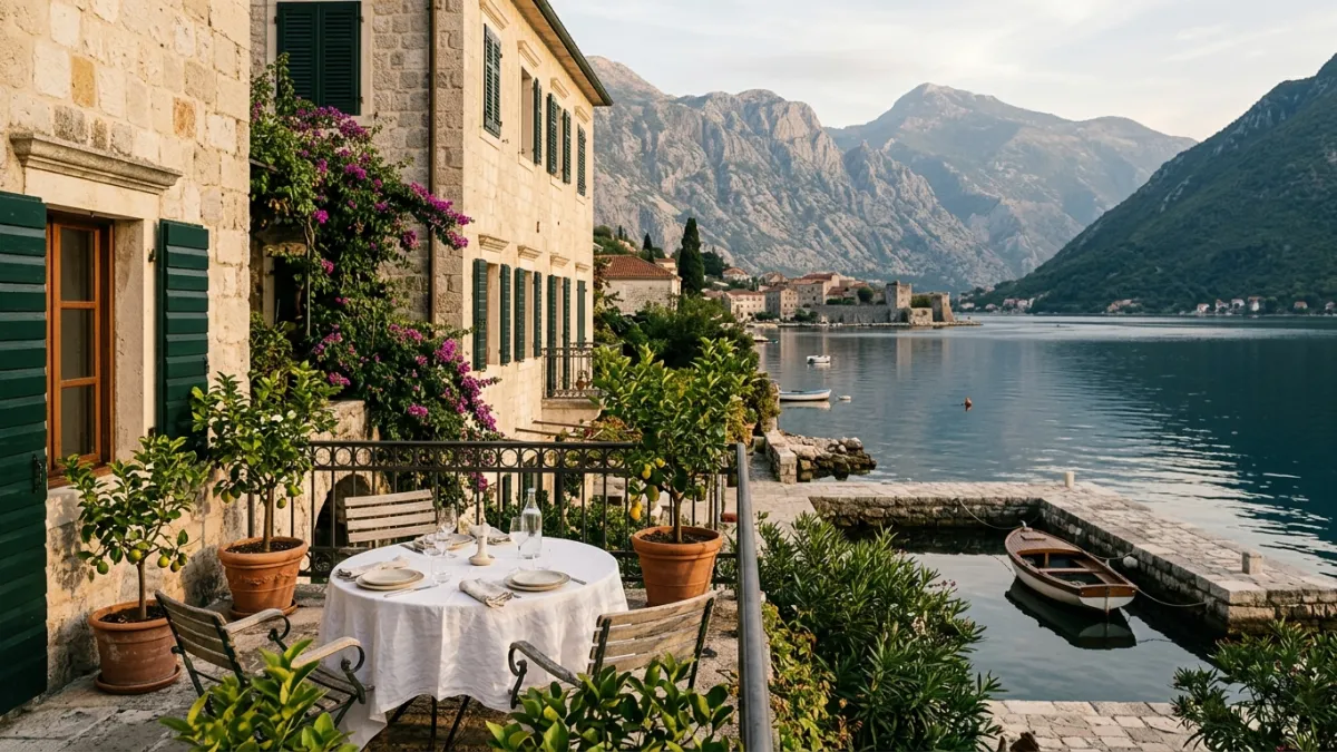 The terrace of a restored stone apartment in Dobrota with lemon trees and a table set for two above the calm Bay of Kotor.