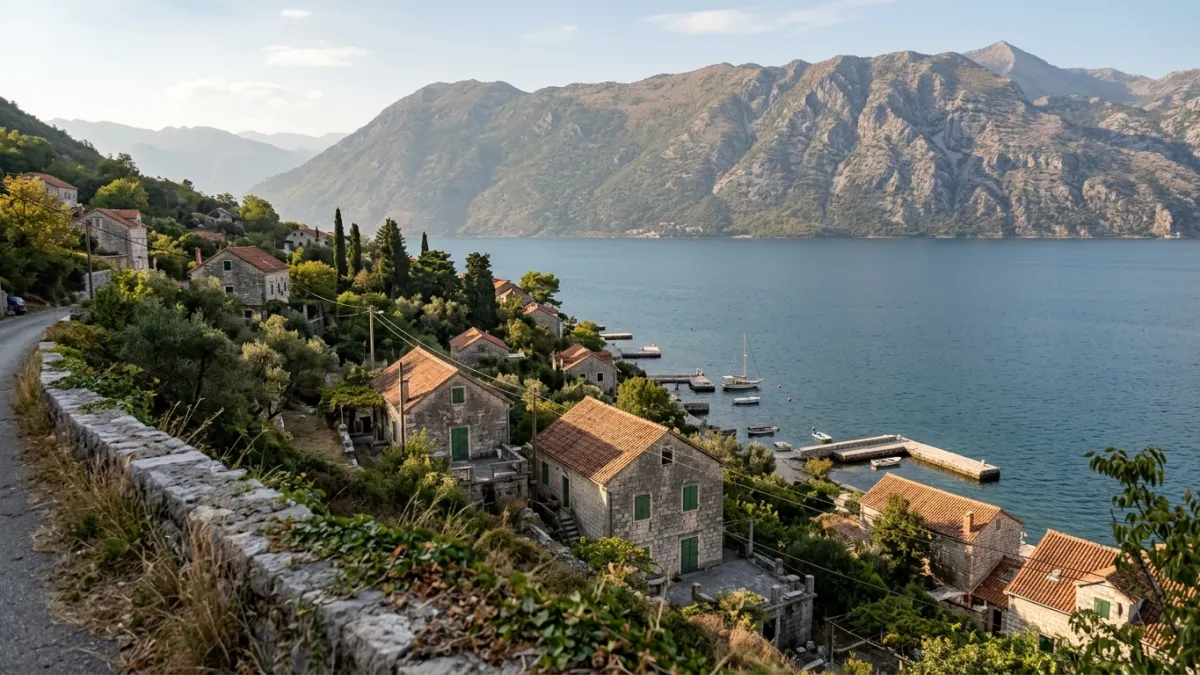 Old stone houses with terracotta roofs and olive trees on the hillside above the calm Bay of Kotor in afternoon light.
