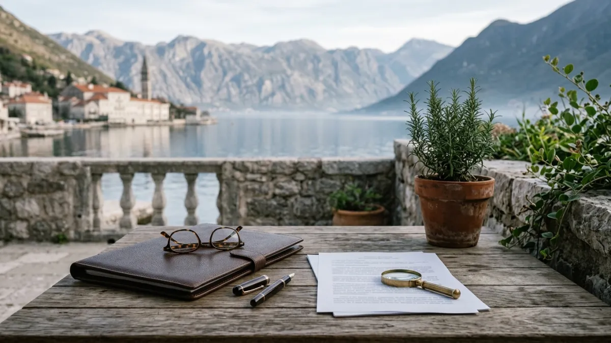 A closed leather folder, a fountain pen and a magnifying glass on an oak terrace table of a stone villa in Kostanjica facing Perast on a spring morning.