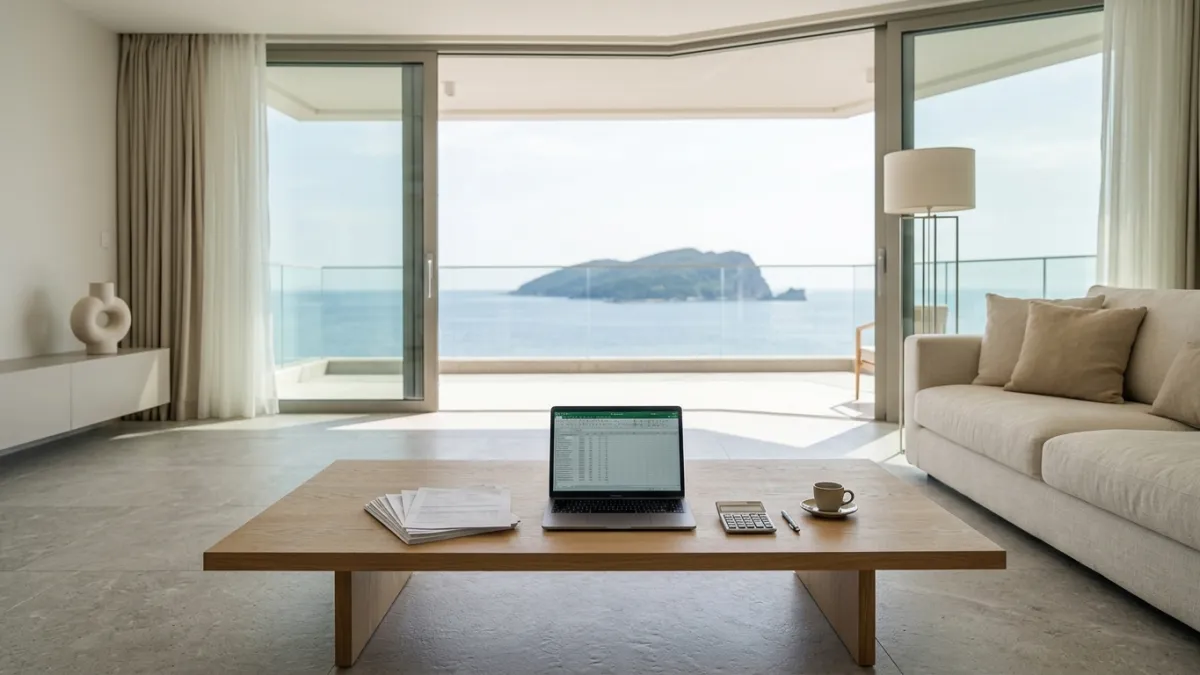 A bright luxury apartment in Budva with a laptop, calculator and papers on an oak table in front of open glass doors to a sea-view terrace.