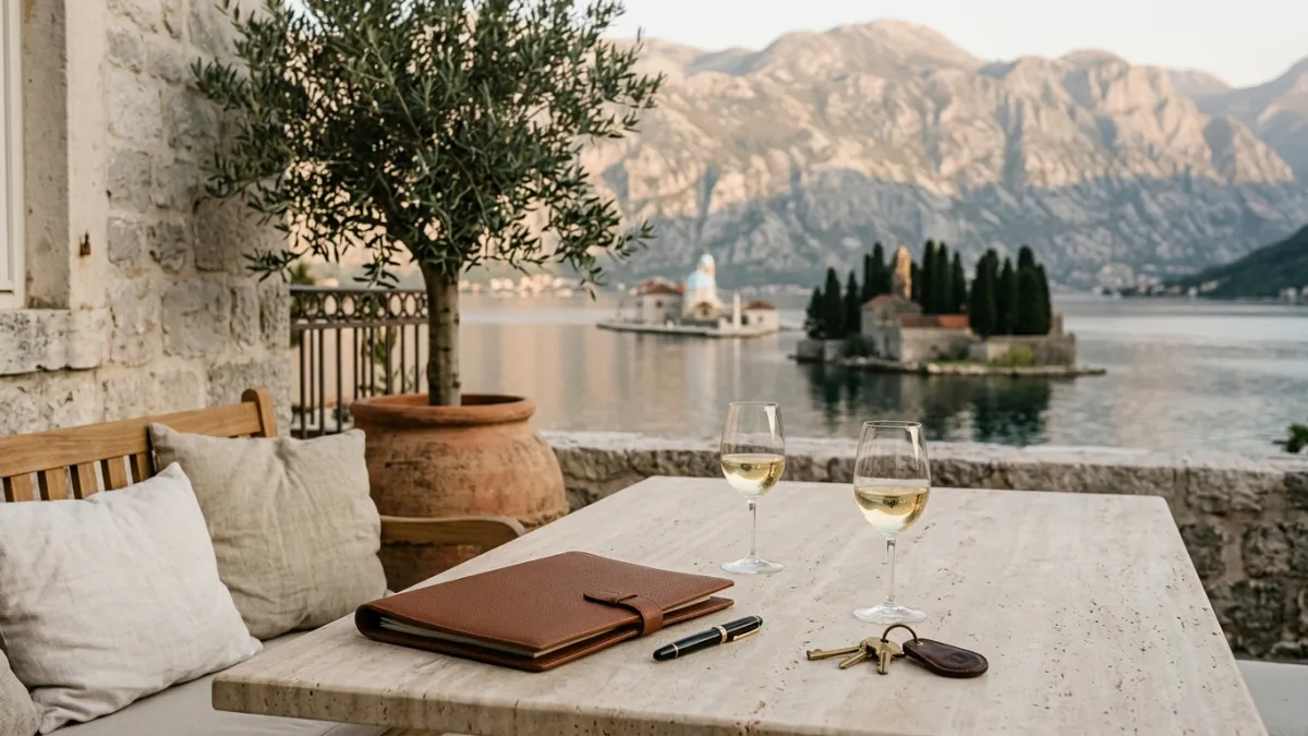 A leather document folder, a fountain pen and brass house keys on a travertine terrace table of a stone villa above the Bay of Kotor at golden hour.