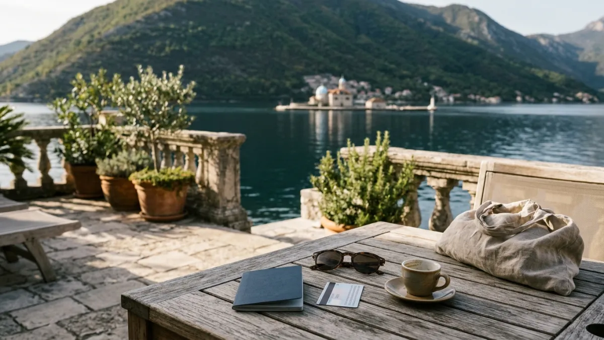 A passport and an ID card lie on an oak table on a stone terrace in Perast, with the Bay of Kotor in soft focus behind.