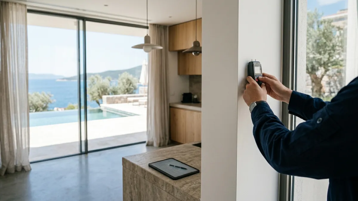 An inspector's hands holding a moisture meter against a white wall in a modern villa with an infinity pool and sea view on the Luštica peninsula.