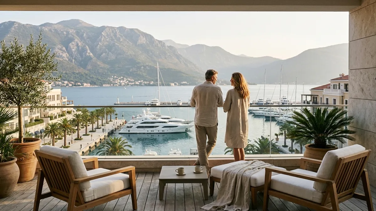 A couple seen from behind on a penthouse terrace in Tivat looking over the yachts of Porto Montenegro and the mountains of the bay.